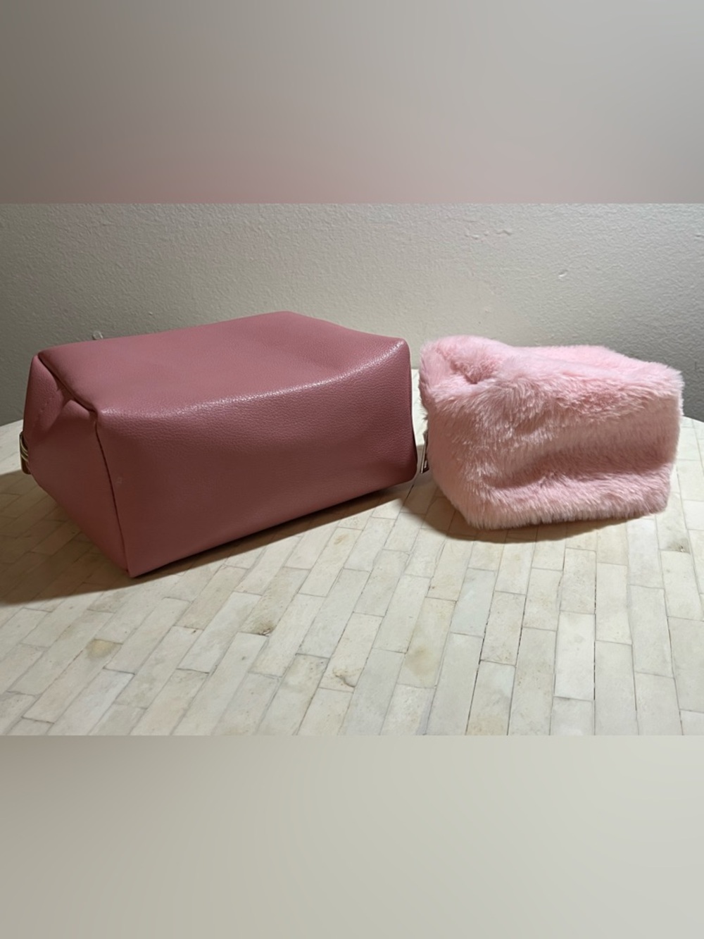 Pink Leather and Faux Fur Makeup Pouch Set - Picture 3 of 10
